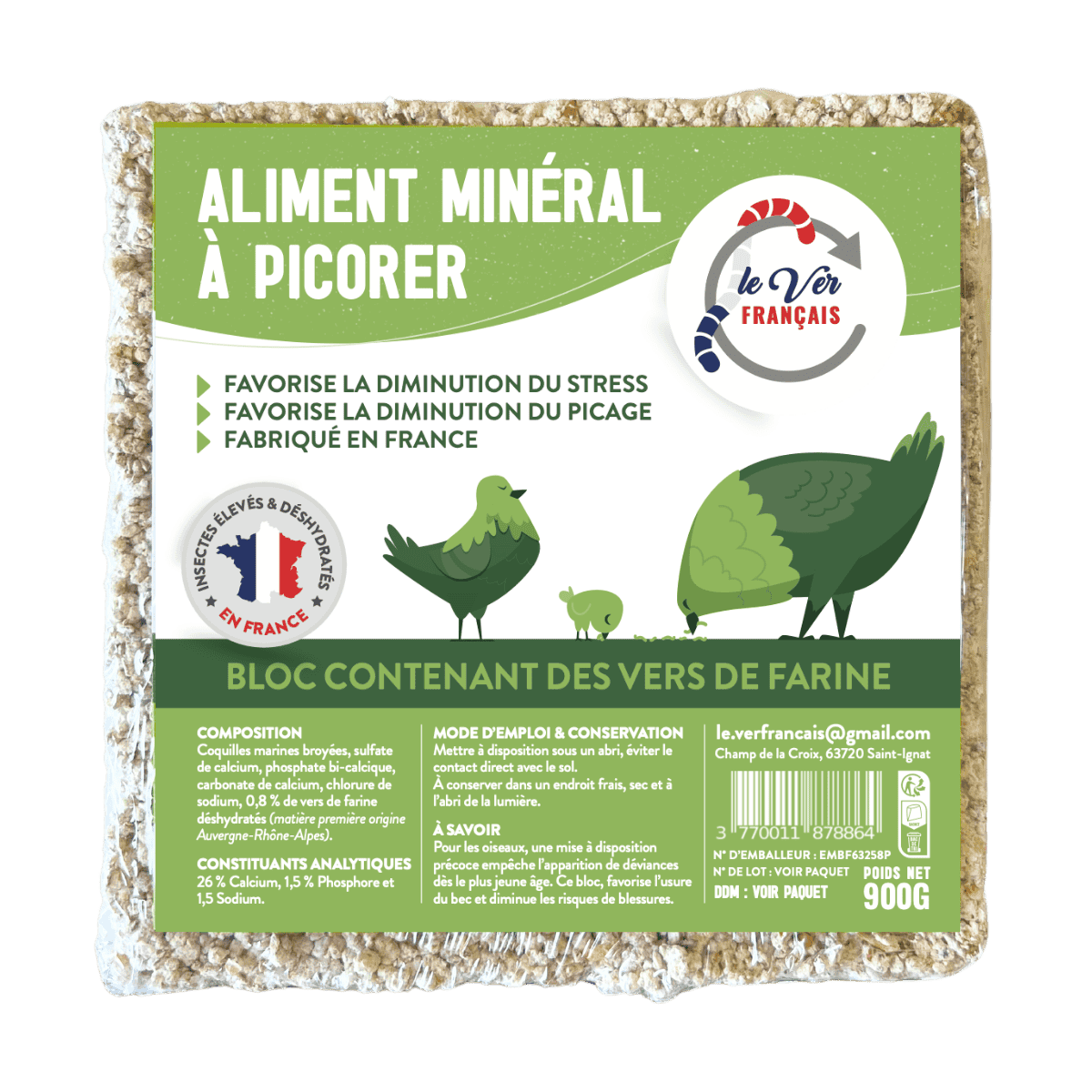 Bloc à picorer aux vers de farine déshydratés pour poules et volailles - Le Ver Français